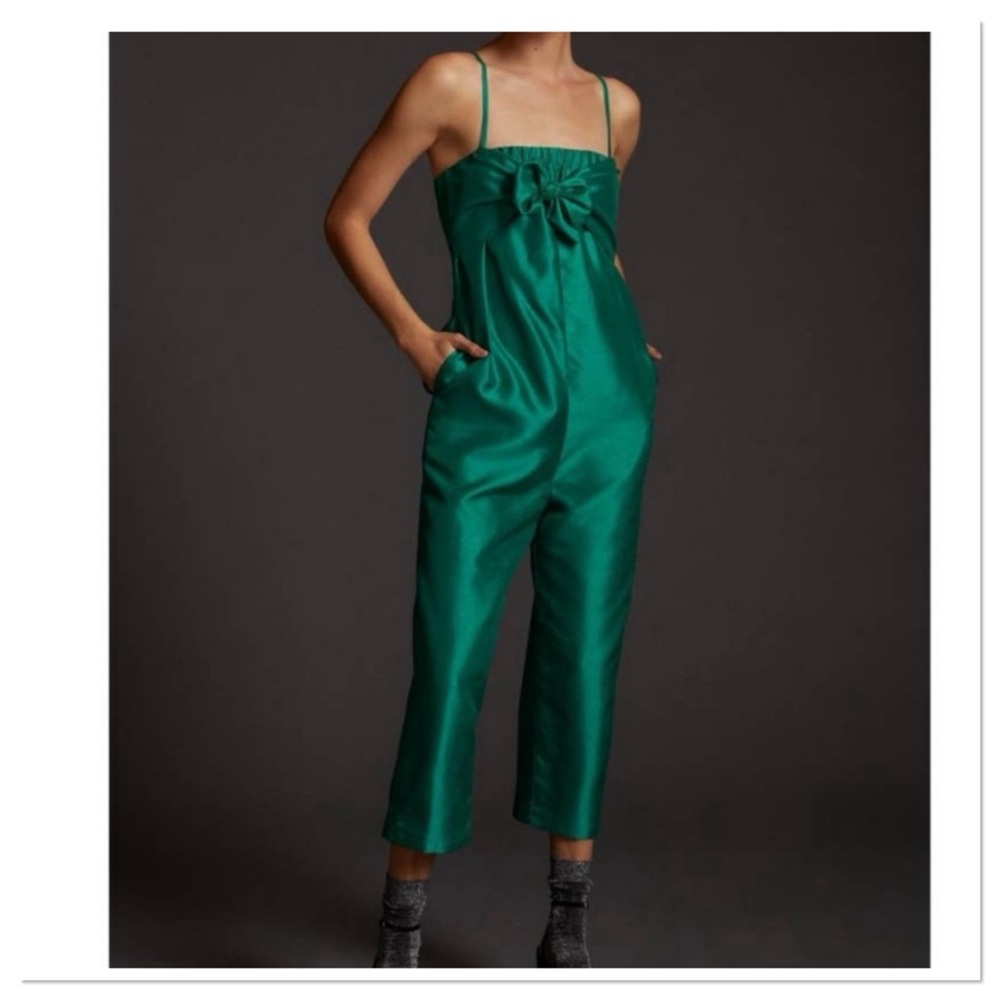 NWT Anthropologie Hutch Satin Bow Front Jumpsuit Green XS